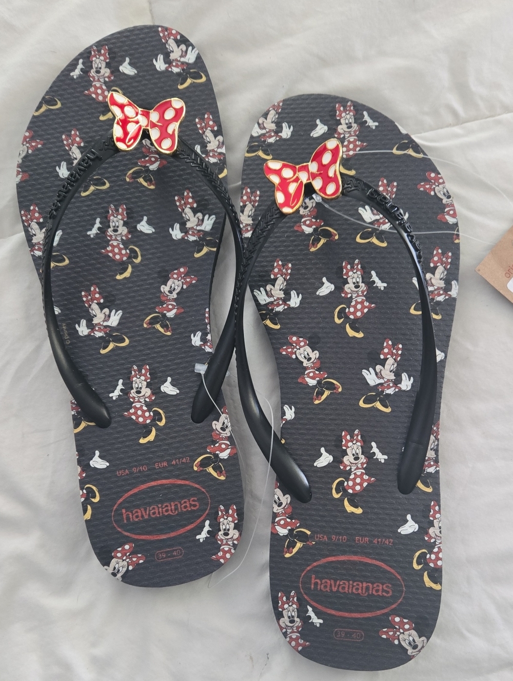 Havaianas Black Flip Flops with Red Polka Dot Minnie Bows
